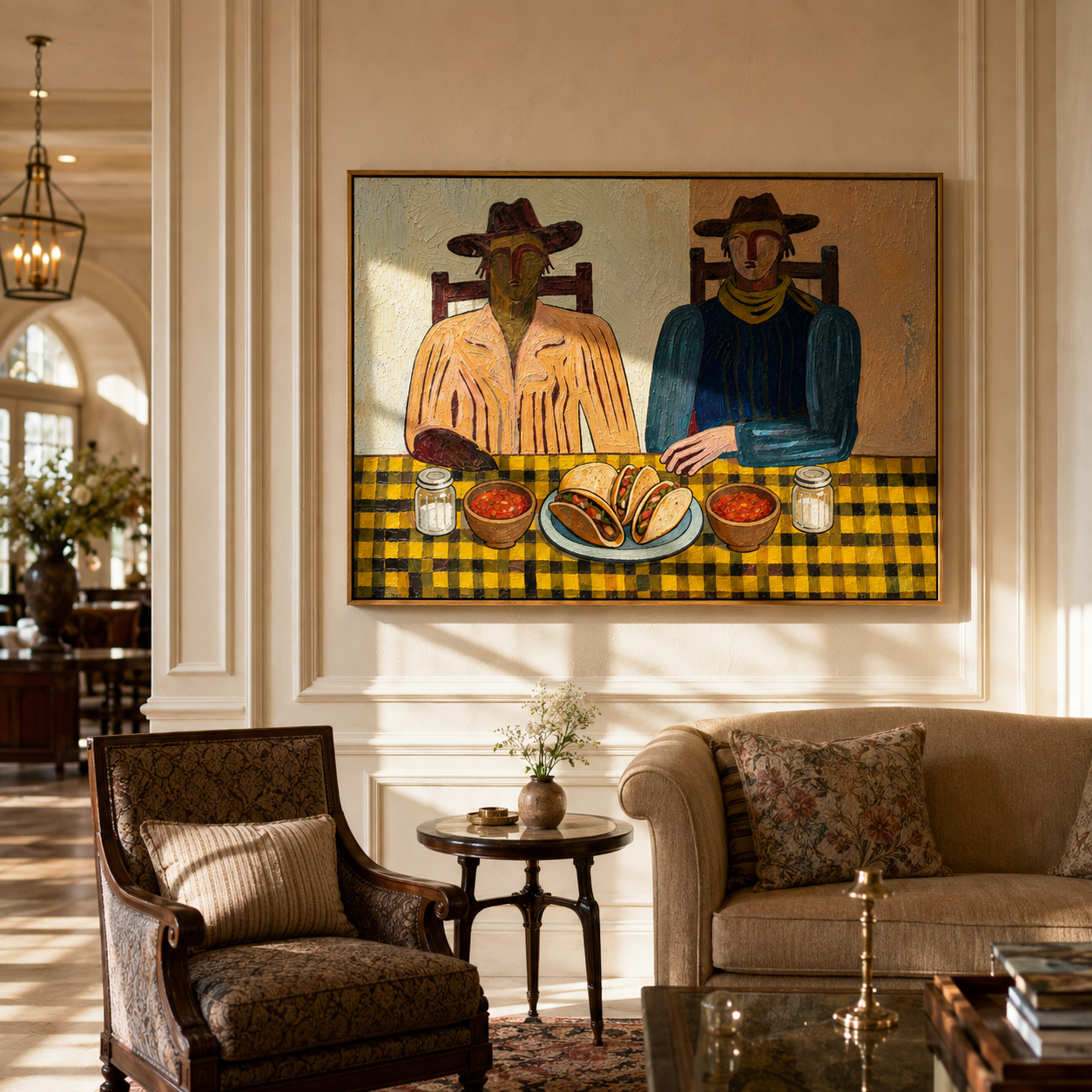 "Taco Night Companions" – Modern Heavy Impasto Folk Art | 3D Ochre & Indigo Palette Knife Painting | Luxury Horizontal Wall Art #PE 022