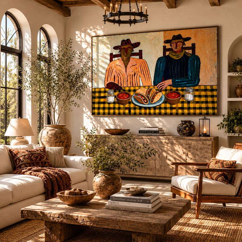 "Taco Night Companions" – Modern Heavy Impasto Folk Art | 3D Ochre & Indigo Palette Knife Painting | Luxury Horizontal Wall Art #PE 022