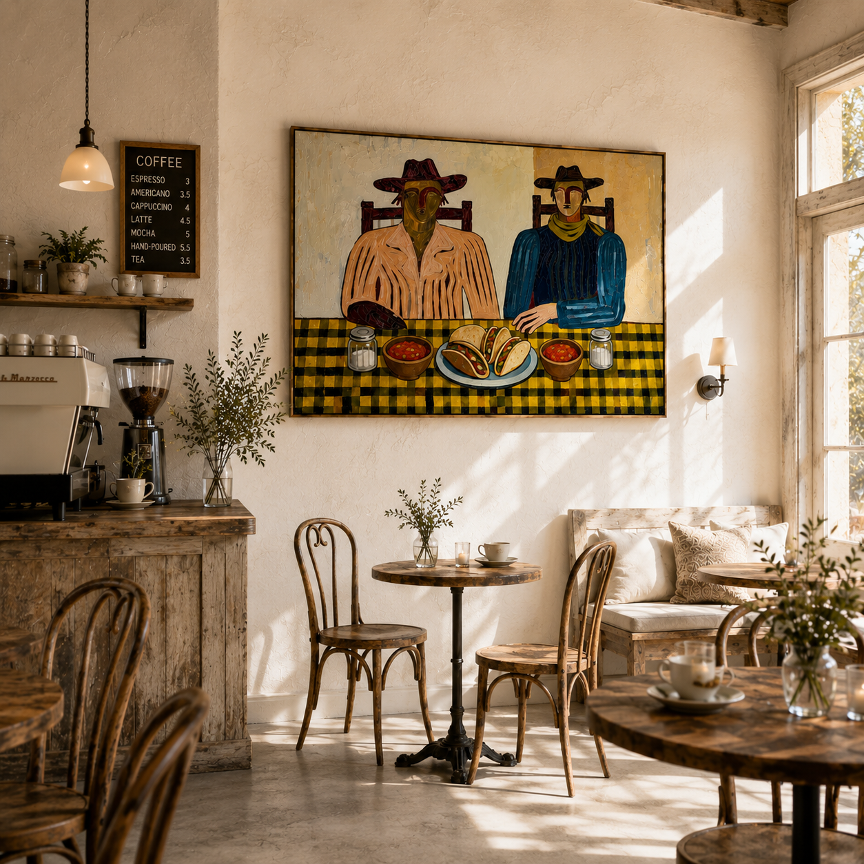"Taco Night Companions" – Modern Heavy Impasto Folk Art | 3D Ochre & Indigo Palette Knife Painting | Luxury Horizontal Wall Art #PE 022
