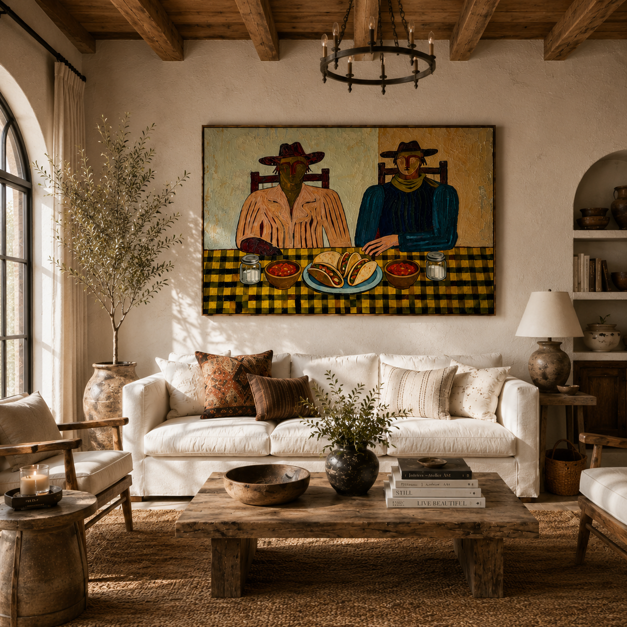 "Taco Night Companions" – Modern Heavy Impasto Folk Art | 3D Ochre & Indigo Palette Knife Painting | Luxury Horizontal Wall Art #PE 022