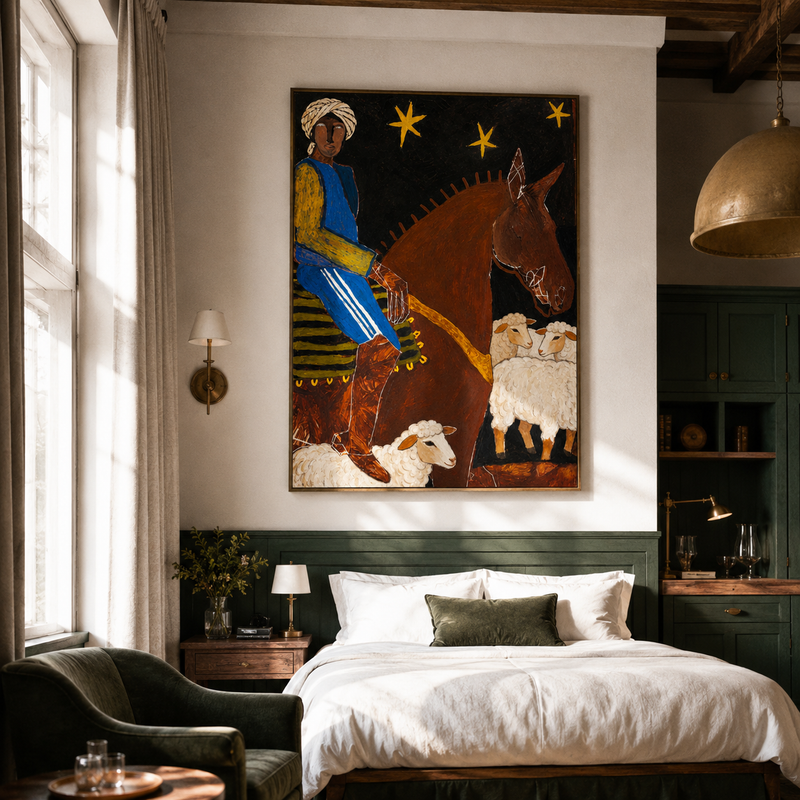 "The Night Herder" – Modern Heavy Impasto Folk Art | 3D Indigo & Ochre Palette Knife Painting | Luxury Vertical Wall Art #PT 024