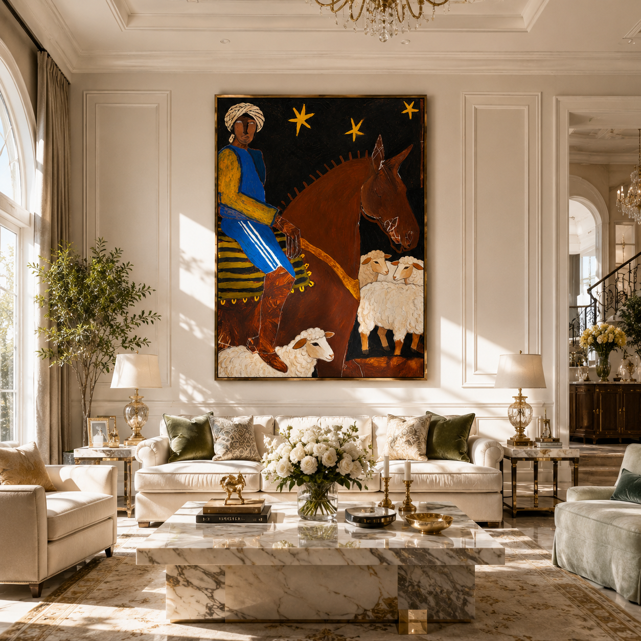 "The Night Herder" – Modern Heavy Impasto Folk Art | 3D Indigo & Ochre Palette Knife Painting | Luxury Vertical Wall Art #PT 024