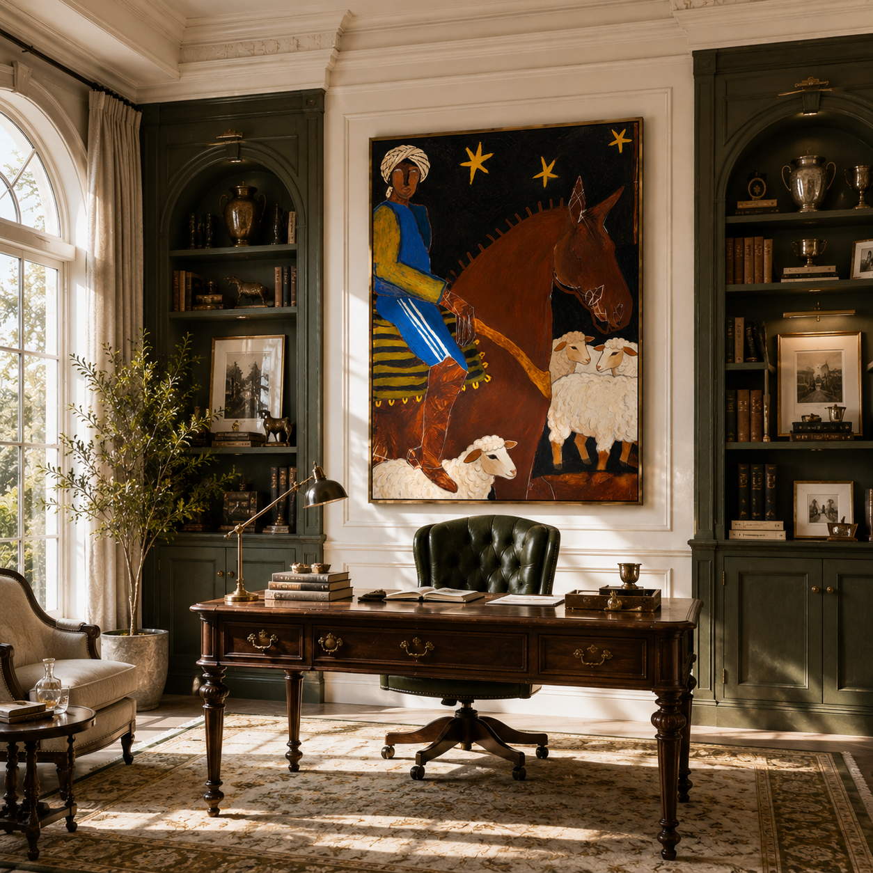 "The Night Herder" – Modern Heavy Impasto Folk Art | 3D Indigo & Ochre Palette Knife Painting | Luxury Vertical Wall Art #PT 024