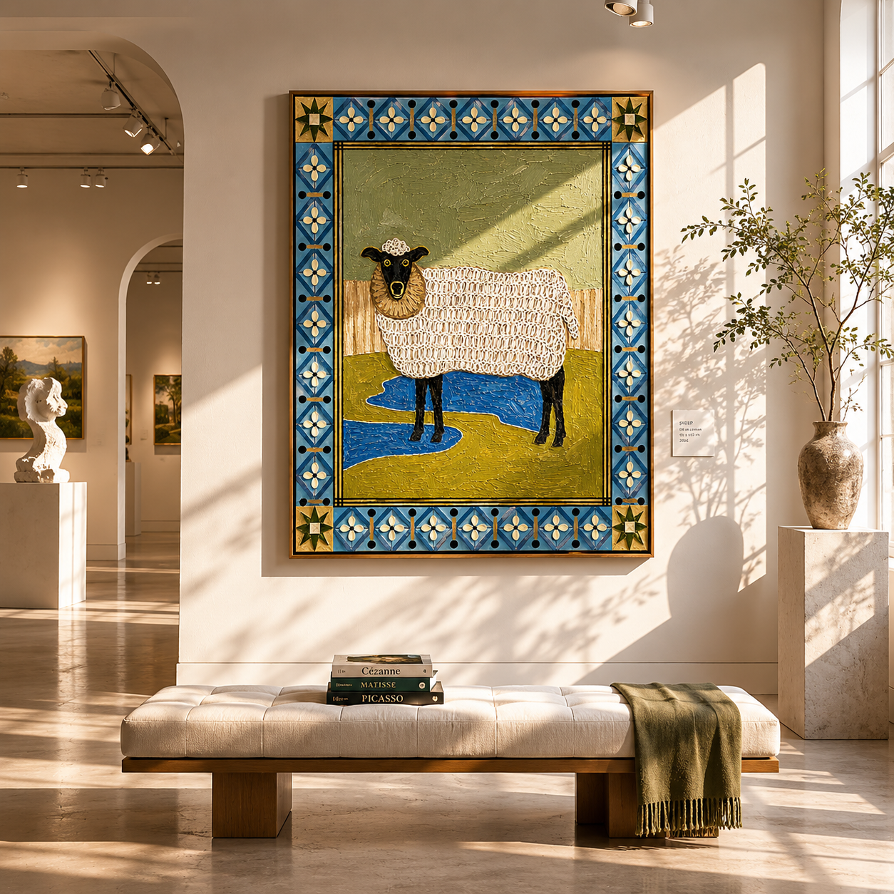 "Folk Art Sheep Portrait" – Modern Heavy Impasto Folk Art | 3D Cerulean & Moss Palette Knife Painting | Luxury Vertical Wall Art #AN 004
