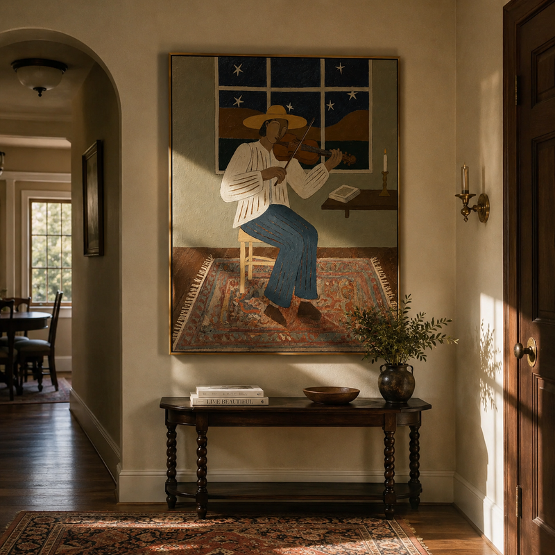 "The Night Violinist" – Minimalist Folk Impasto Artwork | Warm Earthy Tones Wall Decor | Contemporary Vertical Statement Piece #PE 013
