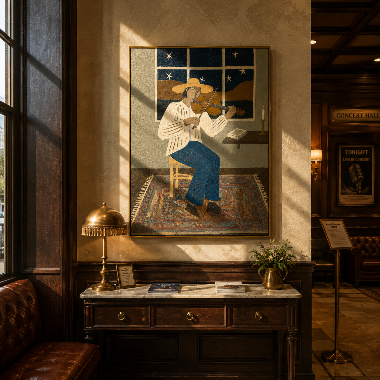 "The Night Violinist" – Minimalist Folk Impasto Artwork | Warm Earthy Tones Wall Decor | Contemporary Vertical Statement Piece #PE 013