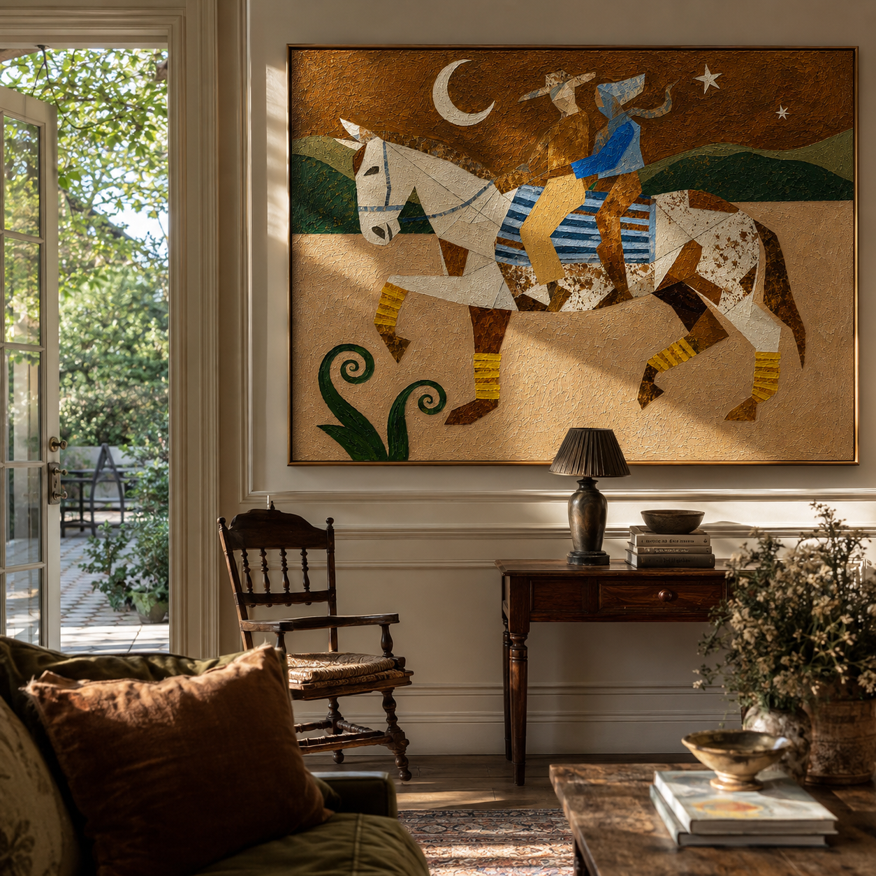 "Moonlit Riders" – Modern Heavy Impasto Cubist Folk Art | 3D Ochre & Cerulean Palette Knife Painting | Luxury Horizontal Wall Art #AB 018