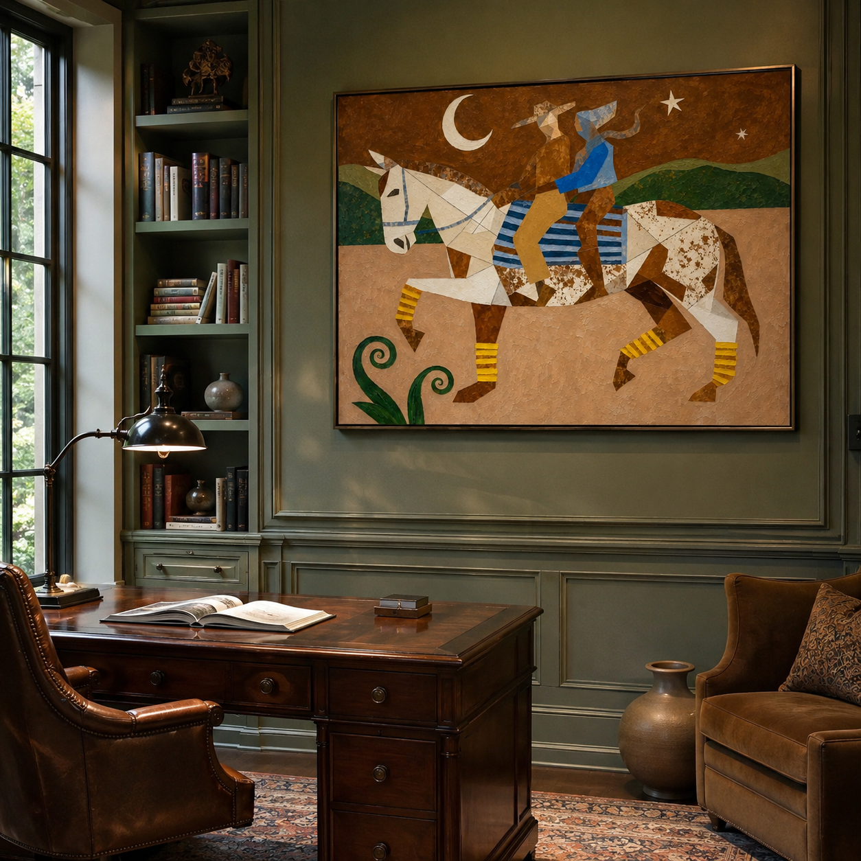 "Moonlit Riders" – Modern Heavy Impasto Cubist Folk Art | 3D Ochre & Cerulean Palette Knife Painting | Luxury Horizontal Wall Art #AB 018