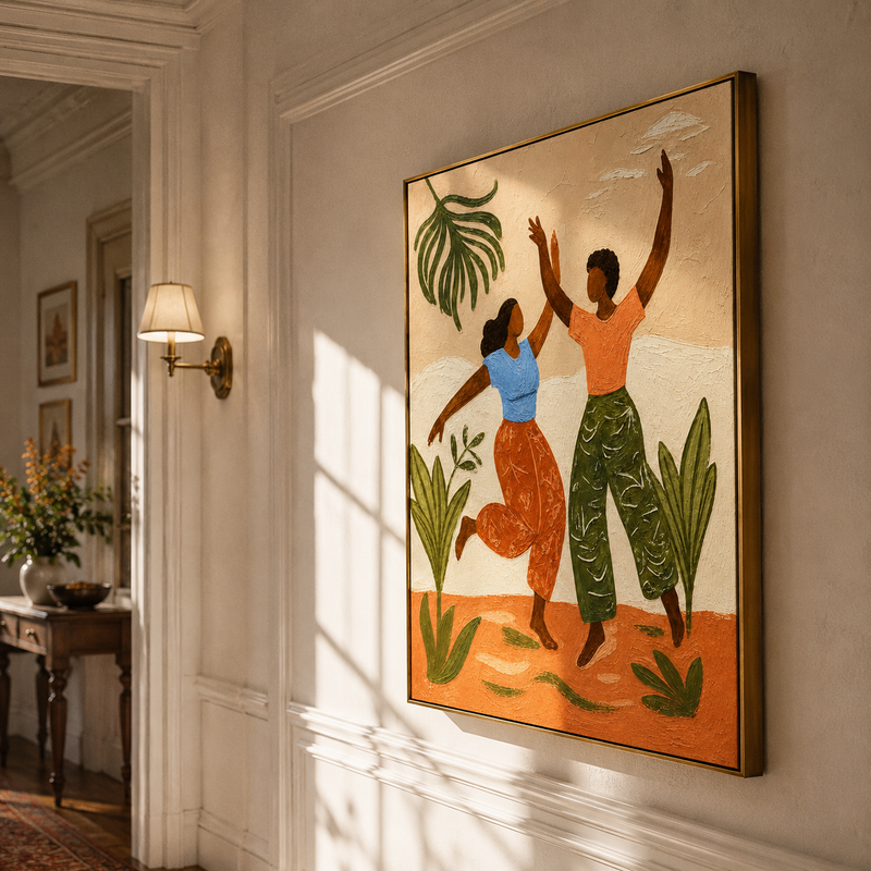 "Tropical Rhythm Dancers" – Modern Heavy Impasto Folk Art | 3D Terracotta & Sage Palette Knife Painting | Luxury Vertical Wall Art #PT 026