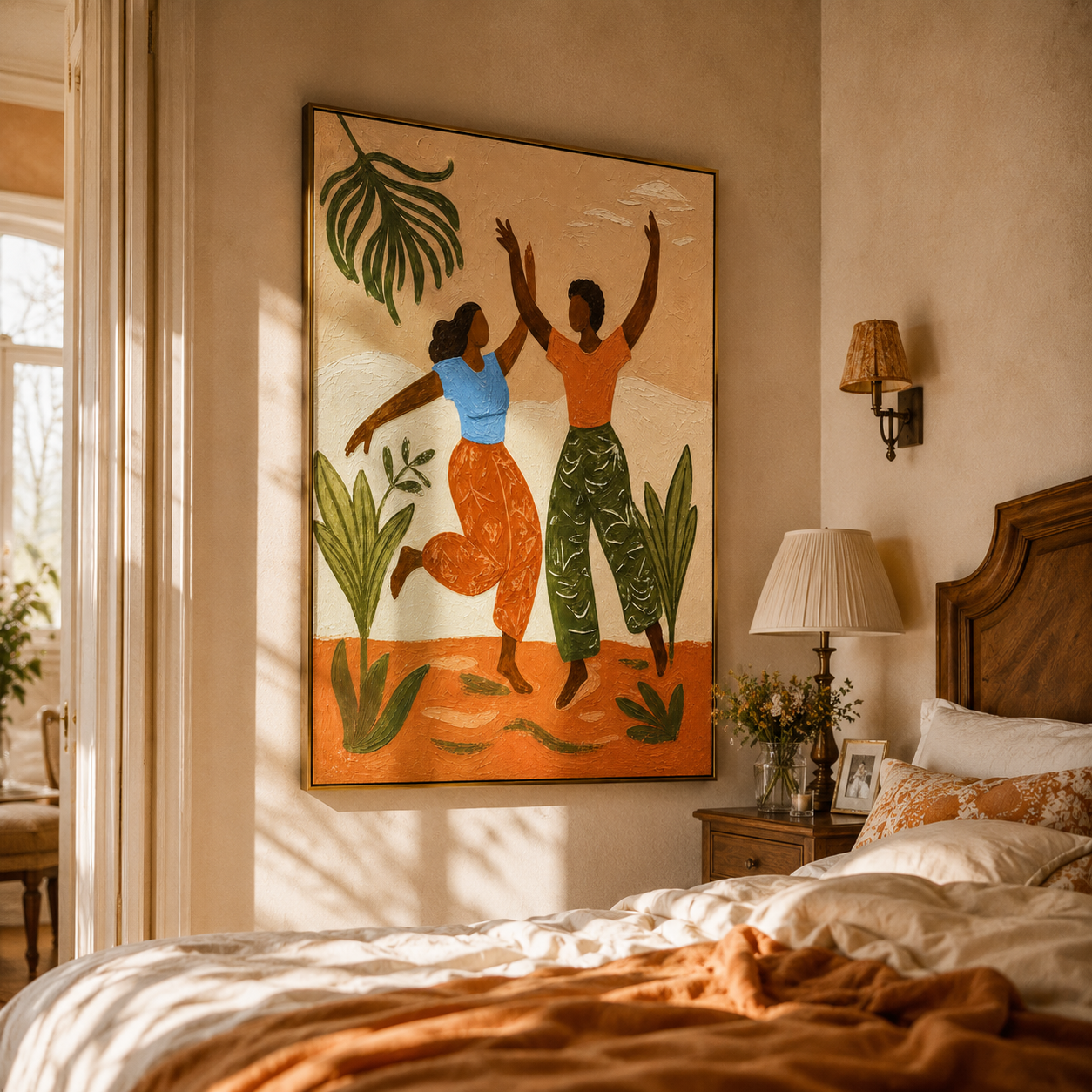 "Tropical Rhythm Dancers" – Modern Heavy Impasto Folk Art | 3D Terracotta & Sage Palette Knife Painting | Luxury Vertical Wall Art #PT 026