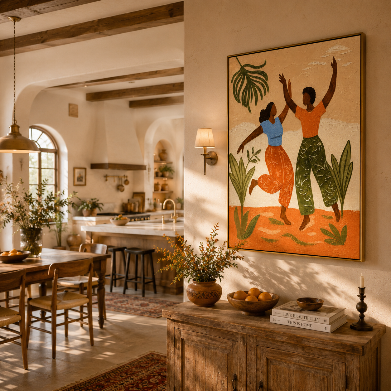 "Tropical Rhythm Dancers" – Modern Heavy Impasto Folk Art | 3D Terracotta & Sage Palette Knife Painting | Luxury Vertical Wall Art #PT 026