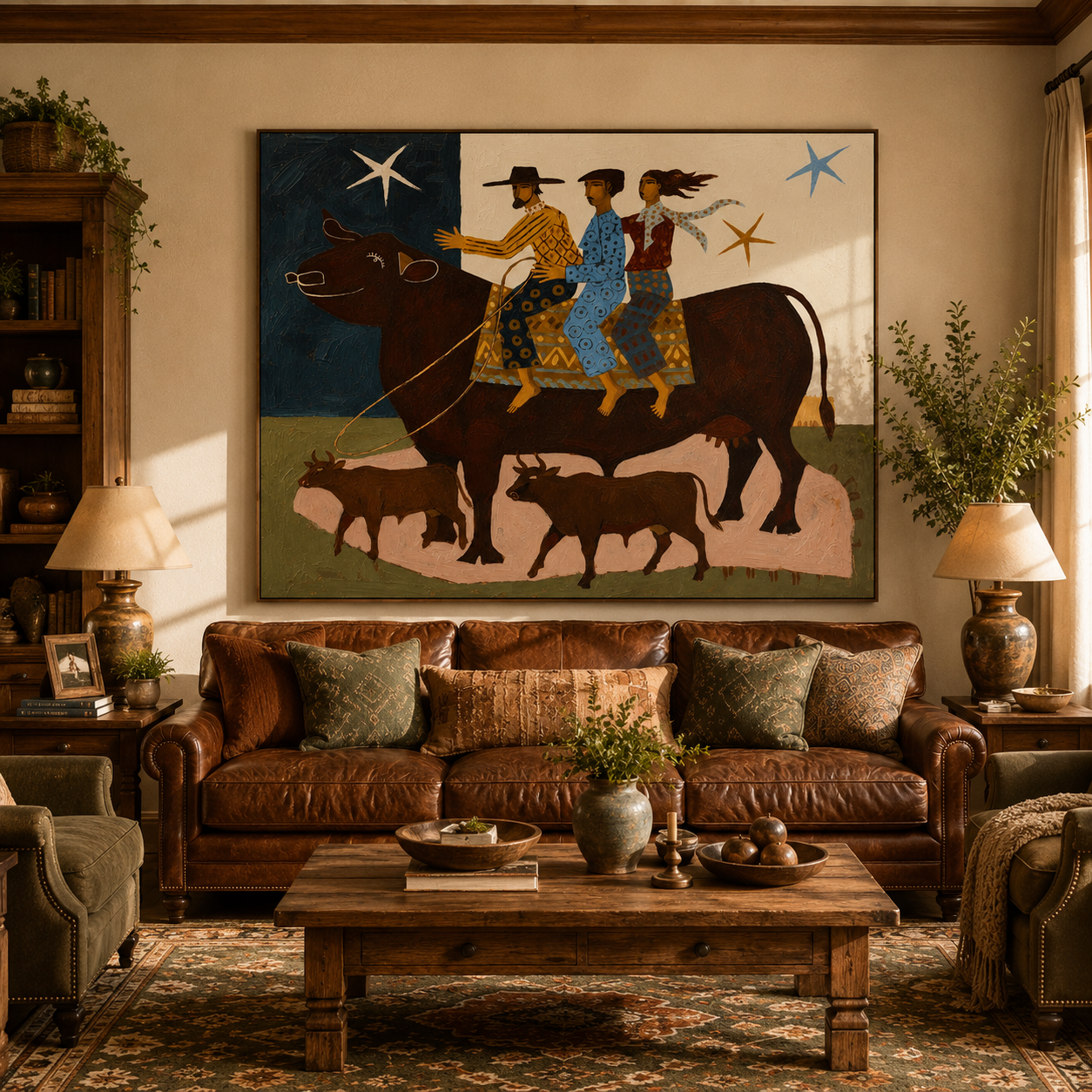 "The Starry Cattle Herd" – Modern Heavy Impasto Folk Art | 3D Indigo & Terracotta Palette Knife Painting | Luxury Horizontal Wall Art #PT 032