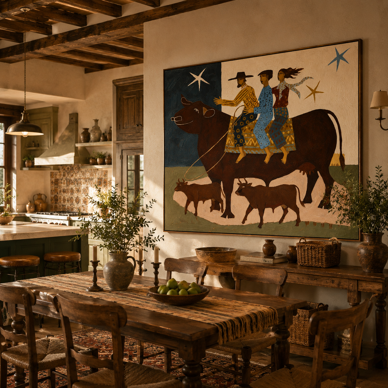 "The Starry Cattle Herd" – Modern Heavy Impasto Folk Art | 3D Indigo & Terracotta Palette Knife Painting | Luxury Horizontal Wall Art #PT 032