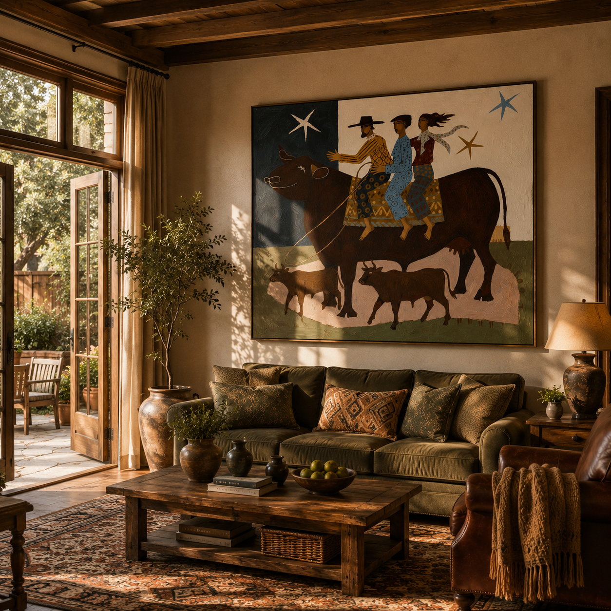 "The Starry Cattle Herd" – Modern Heavy Impasto Folk Art | 3D Indigo & Terracotta Palette Knife Painting | Luxury Horizontal Wall Art #PT 032