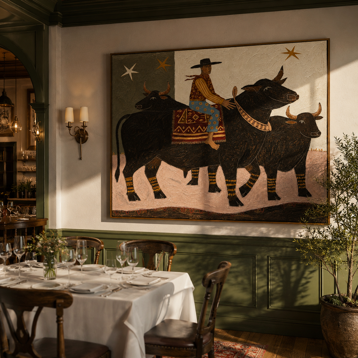 "The Starry Bull Rider" – Modern Heavy Impasto Folk Art | 3D Moss & Ochre Palette Knife Painting | Luxury Horizontal Wall Art #PT 033