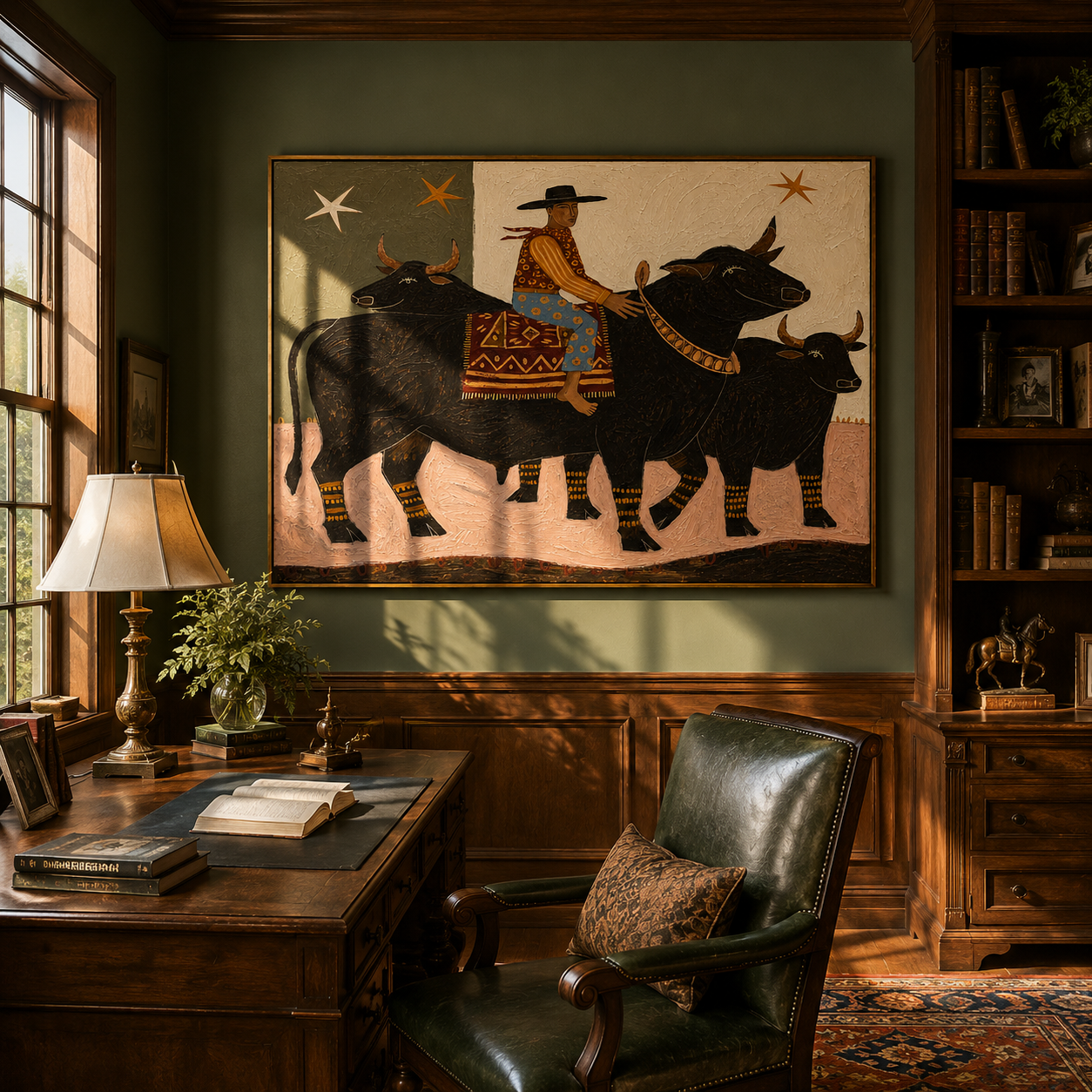"The Starry Bull Rider" – Modern Heavy Impasto Folk Art | 3D Moss & Ochre Palette Knife Painting | Luxury Horizontal Wall Art #PT 033