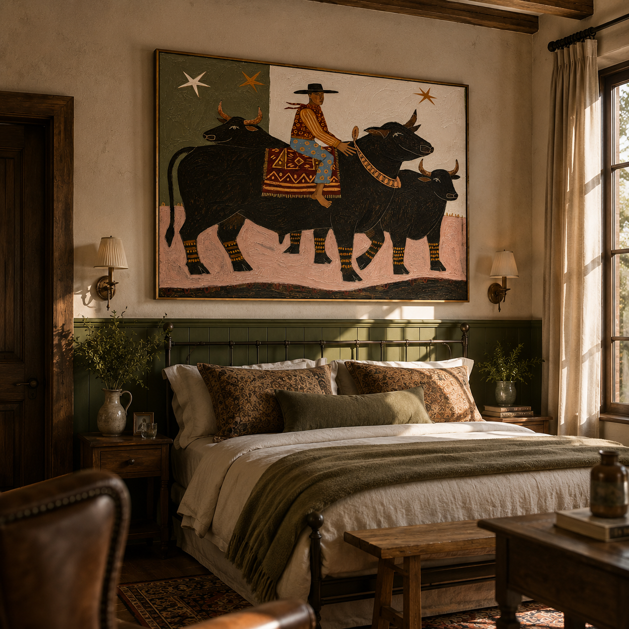 "The Starry Bull Rider" – Modern Heavy Impasto Folk Art | 3D Moss & Ochre Palette Knife Painting | Luxury Horizontal Wall Art #PT 033