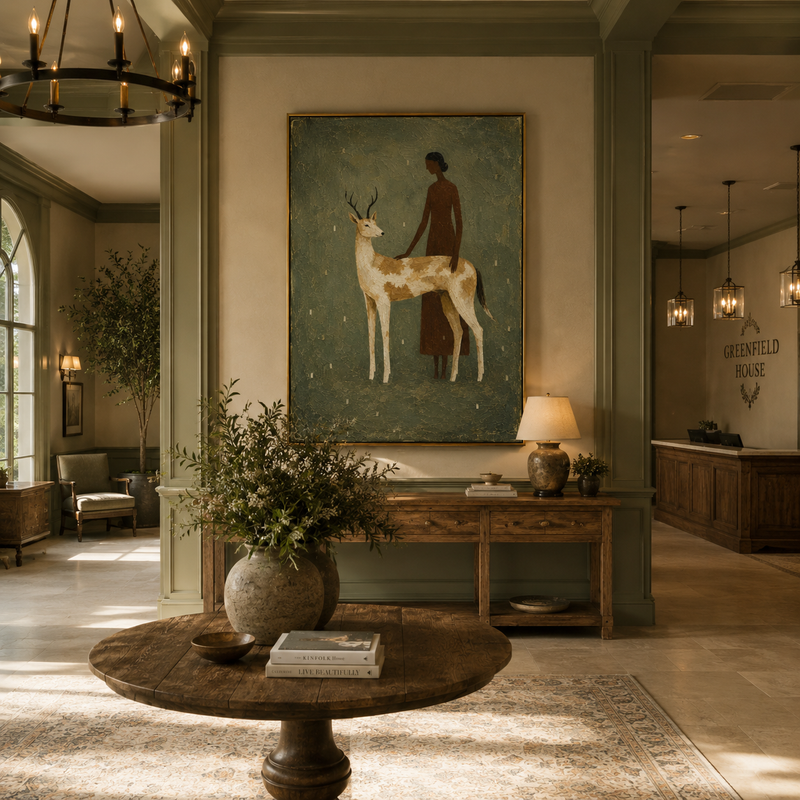 "Gentle Companionship" – Stylized Sculptural Art | 3D Layered Moss & Ivory Canvas | Luxury Vertical Wall Art #PT 027