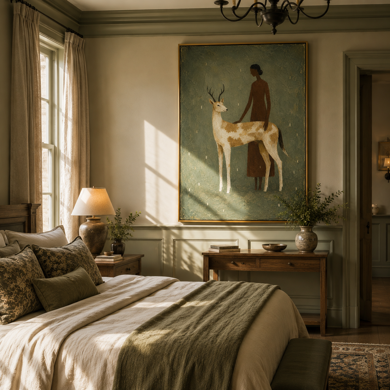 "Gentle Companionship" – Stylized Sculptural Art | 3D Layered Moss & Ivory Canvas | Luxury Vertical Wall Art #PT 027