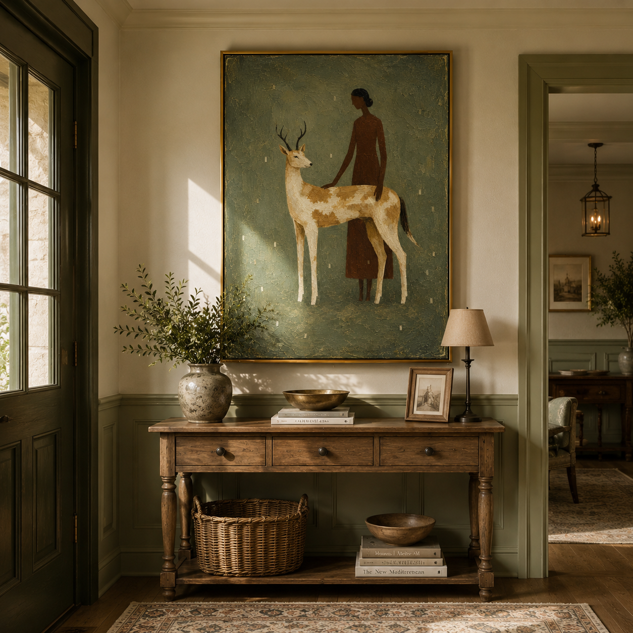 "Gentle Companionship" – Stylized Sculptural Art | 3D Layered Moss & Ivory Canvas | Luxury Vertical Wall Art #PT 027