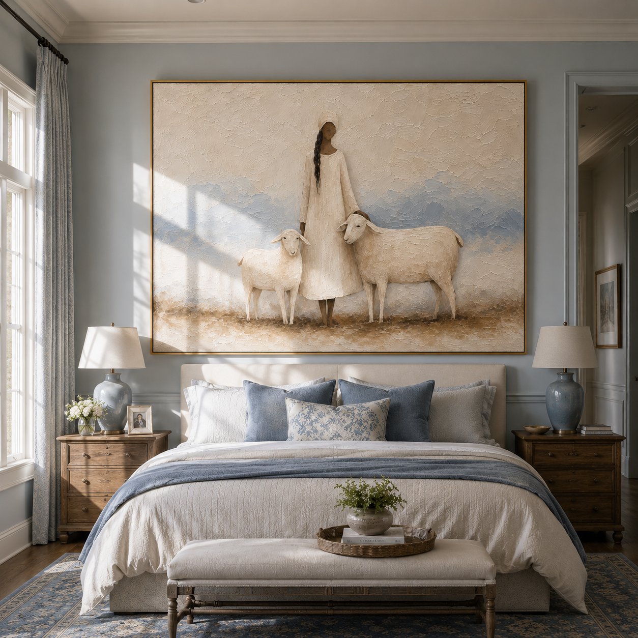 "The Shepherdess" – Modern Heavy Impasto Folk Art | 3D Cream & Dusk Blue Palette Knife Painting | Luxury Horizontal Wall Art #PT 034