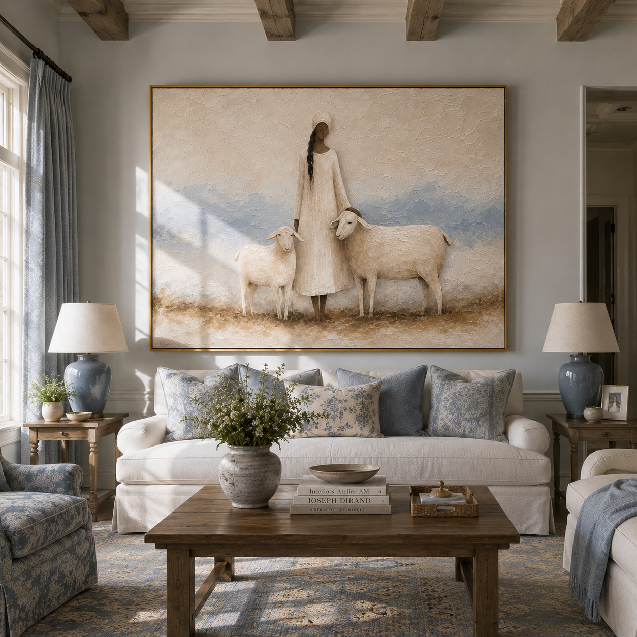 "The Shepherdess" – Modern Heavy Impasto Folk Art | 3D Cream & Dusk Blue Palette Knife Painting | Luxury Horizontal Wall Art #PT 034