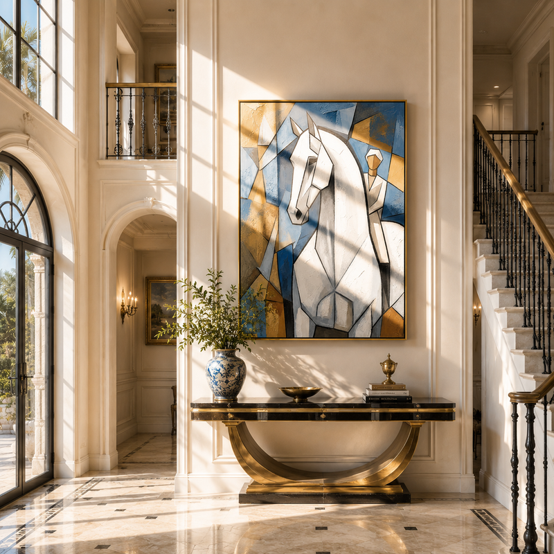 "Cubist White Stallion" – Modern Heavy Impasto Cubist Art | 3D Cerulean & Ochre Palette Knife Painting | Luxury Vertical Wall Art #PT 029