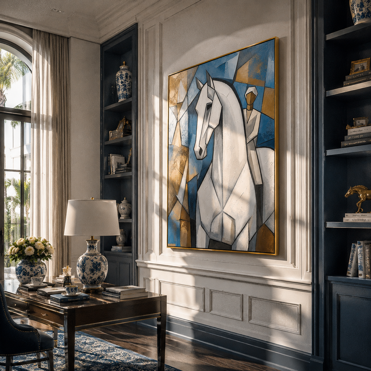 "Cubist White Stallion" – Modern Heavy Impasto Cubist Art | 3D Cerulean & Ochre Palette Knife Painting | Luxury Vertical Wall Art #PT 029