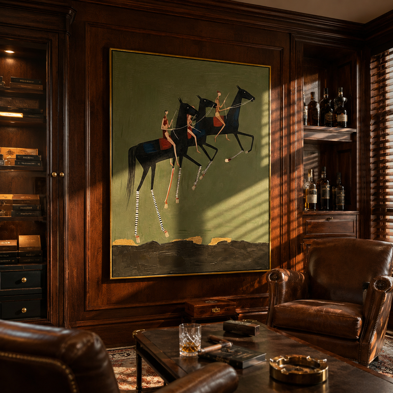 "Three Riders in Motion" – Abstract Folk Impasto Artwork | Bold Equestrian Wall Decor | Contemporary Vertical Statement Piece #AB 005