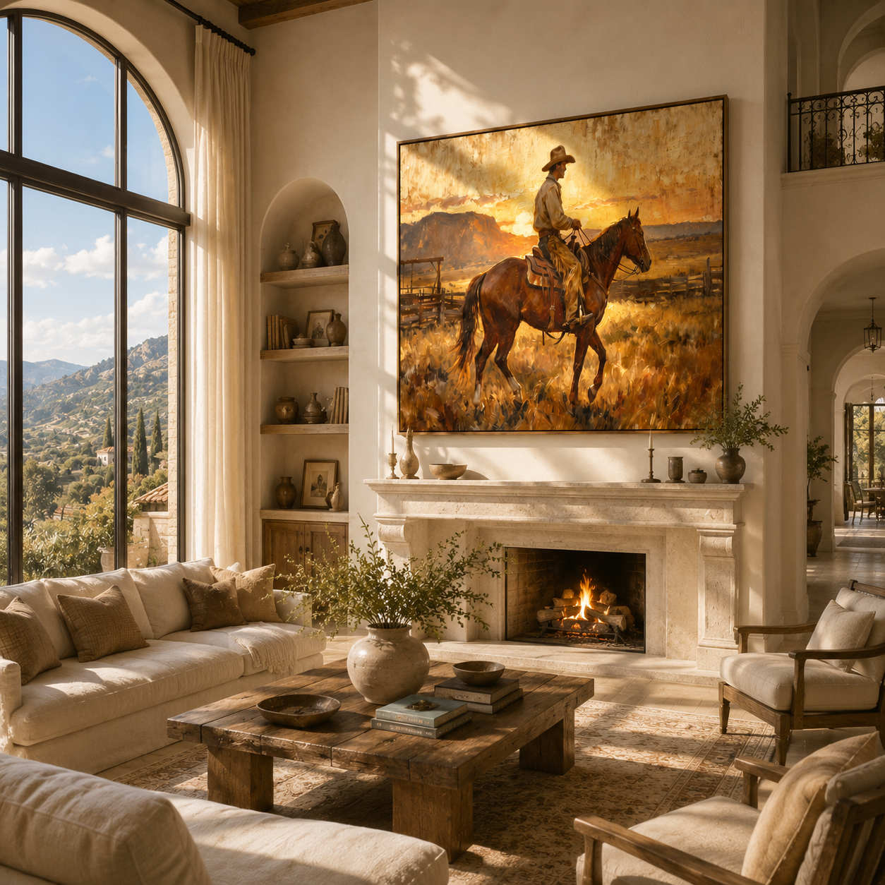 "Sunset Cowboy Rider" – Modern Heavy Impasto Western Art | 3D Amber & Terracotta Palette Knife Painting | Luxury Horizontal Wall Art #PT 035