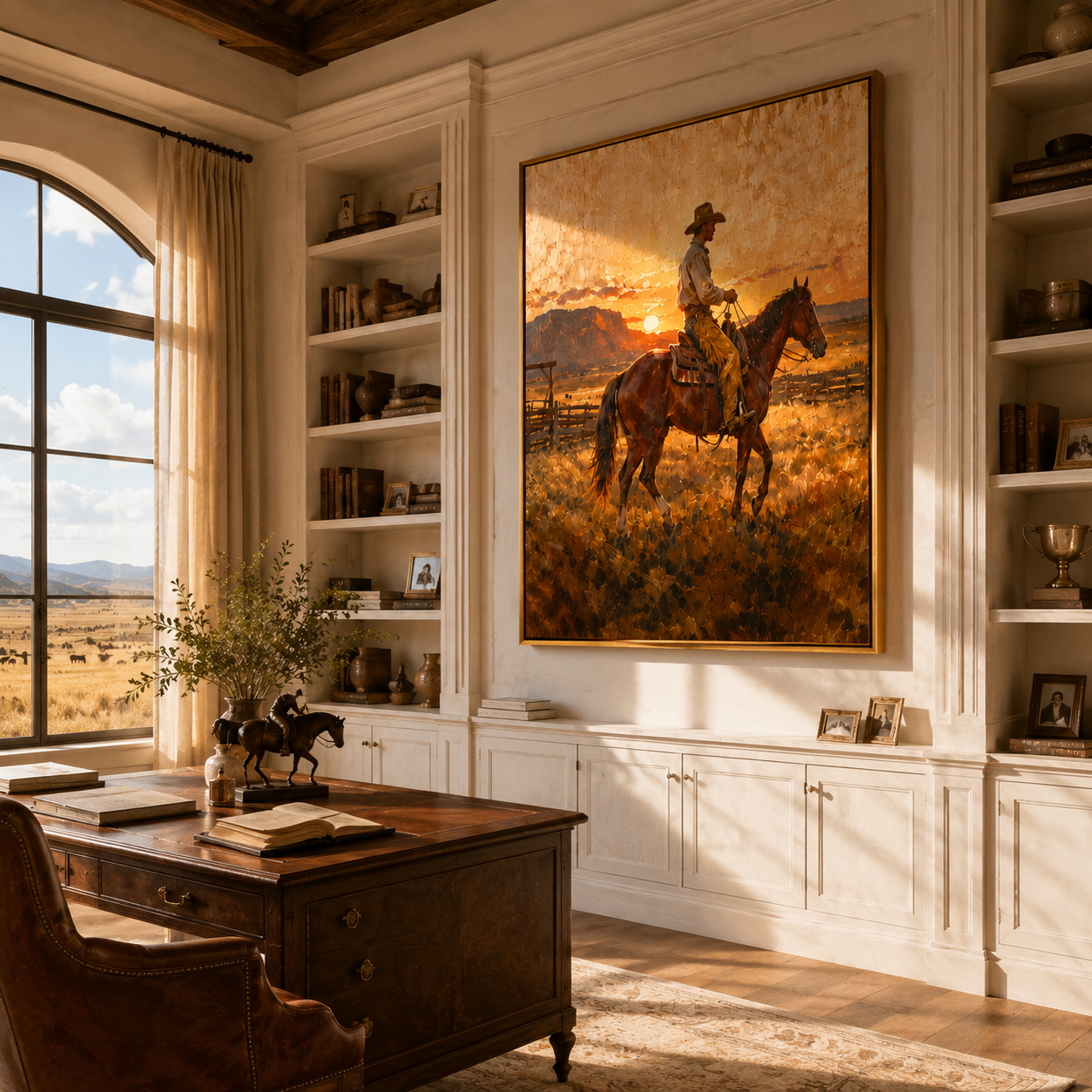 "Sunset Cowboy Rider" – Modern Heavy Impasto Western Art | 3D Amber & Terracotta Palette Knife Painting | Luxury Horizontal Wall Art #PT 035