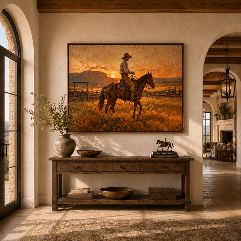 "Sunset Cowboy Rider" – Modern Heavy Impasto Western Art | 3D Amber & Terracotta Palette Knife Painting | Luxury Horizontal Wall Art #PT 035