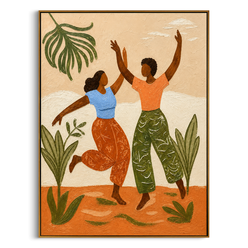"Tropical Rhythm Dancers" – Modern Heavy Impasto Folk Art | 3D Terracotta & Sage Palette Knife Painting | Luxury Vertical Wall Art #PT 026