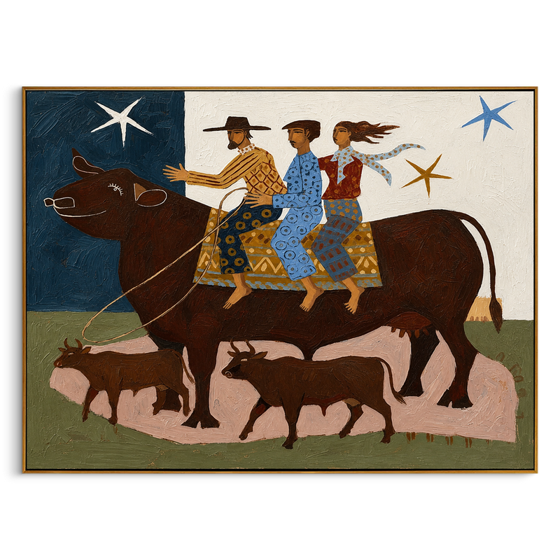 "The Starry Cattle Herd" – Modern Heavy Impasto Folk Art | 3D Indigo & Terracotta Palette Knife Painting | Luxury Horizontal Wall Art #PT 032