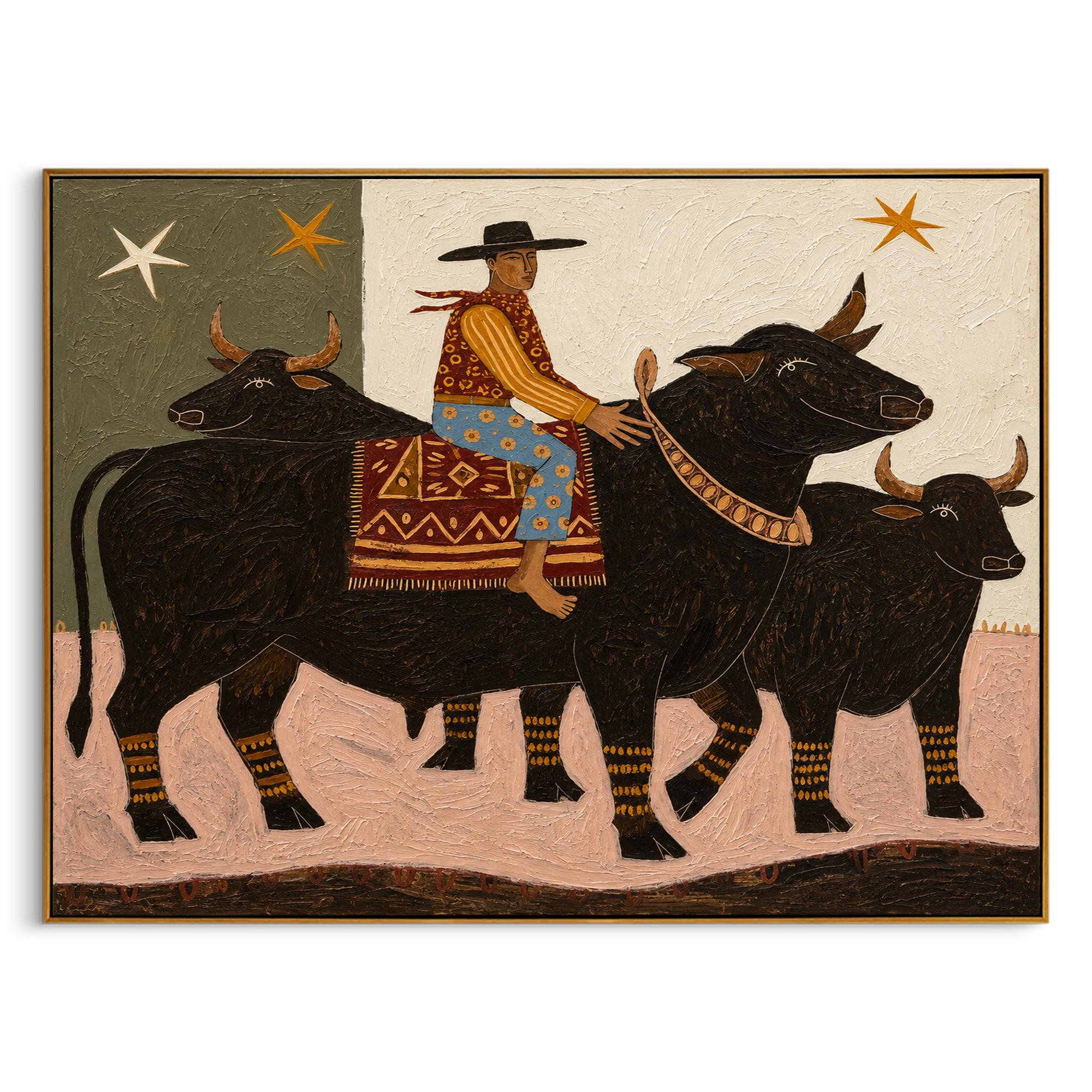 "The Starry Bull Rider" – Modern Heavy Impasto Folk Art | 3D Moss & Ochre Palette Knife Painting | Luxury Horizontal Wall Art #PT 033