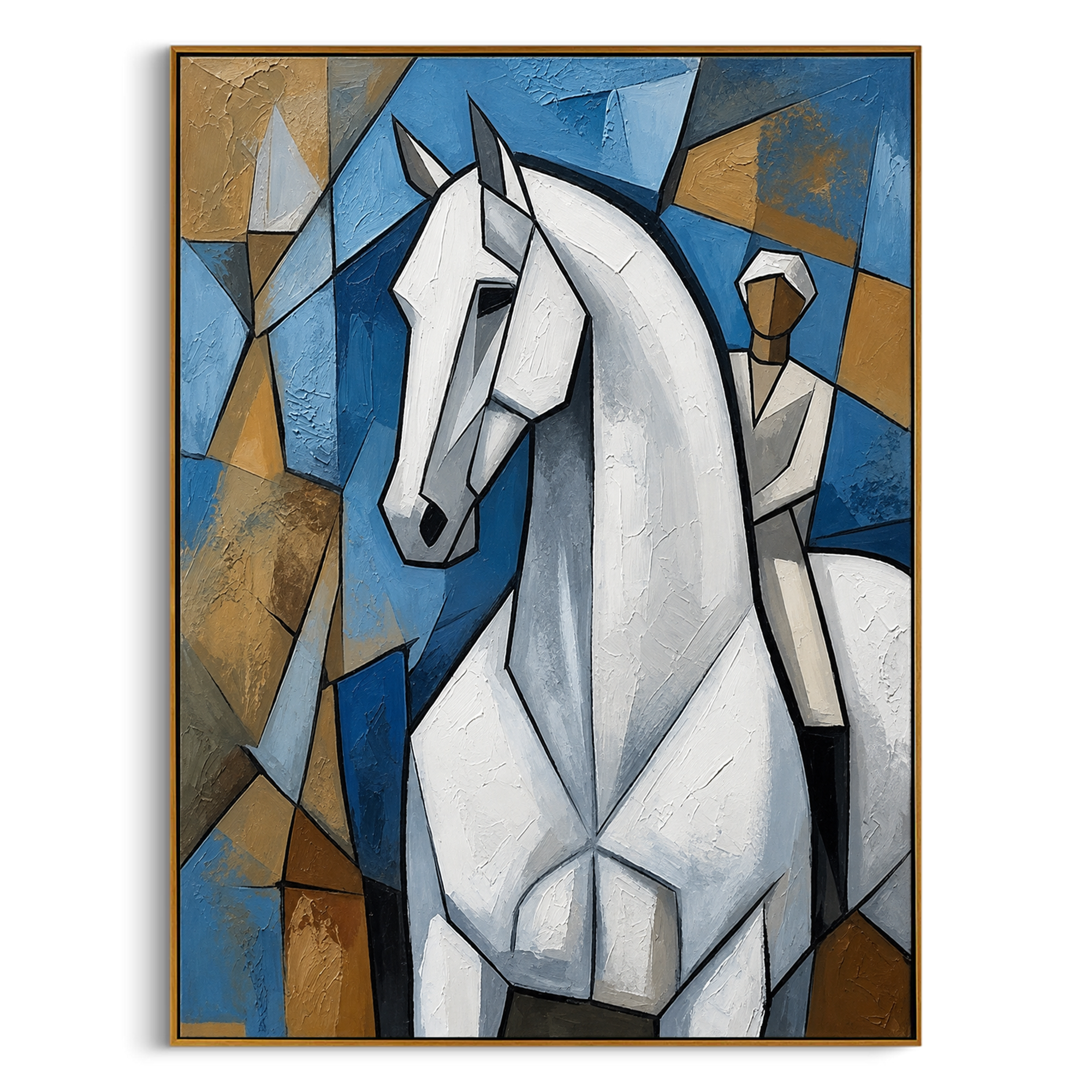"Cubist White Stallion" – Modern Heavy Impasto Cubist Art | 3D Cerulean & Ochre Palette Knife Painting | Luxury Vertical Wall Art #PT 029