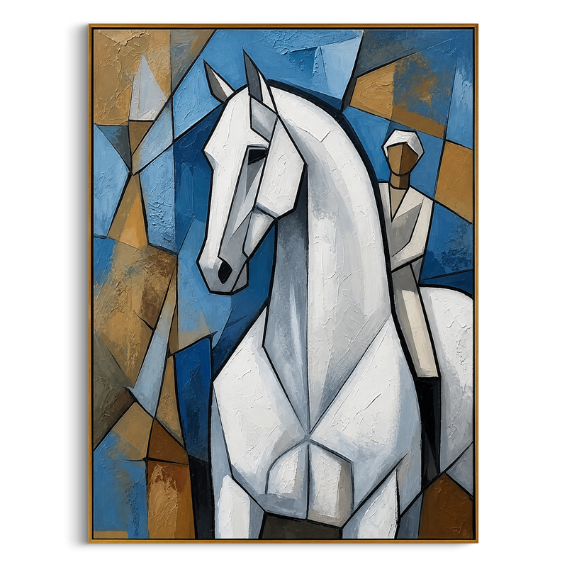 "Cubist White Stallion" – Modern Heavy Impasto Cubist Art | 3D Cerulean & Ochre Palette Knife Painting | Luxury Vertical Wall Art #PT 029