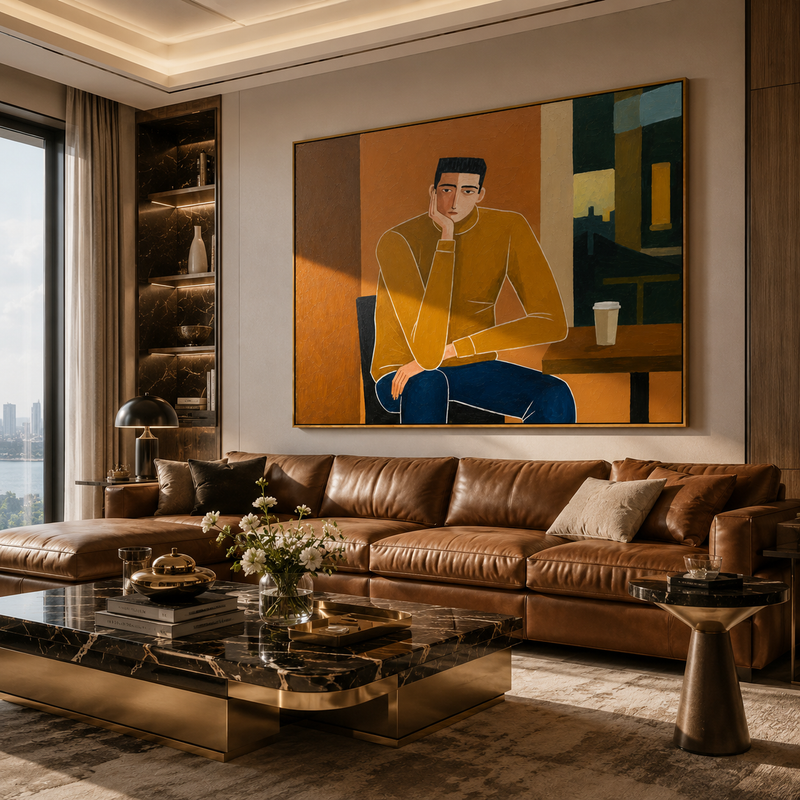 "Café Quiet Contemplation" – Modern Heavy Impasto Figurative Art | 3D Mustard & Umber Palette Knife Painting | Luxury Horizontal Wall Art #PE 025