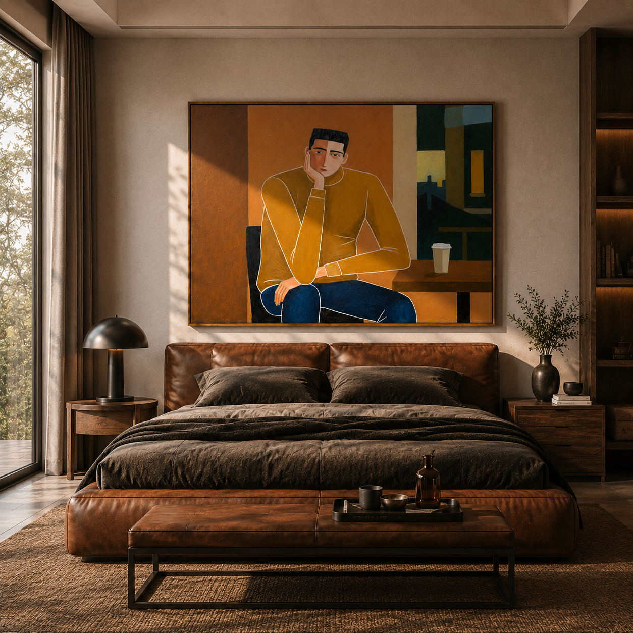 "Café Quiet Contemplation" – Modern Heavy Impasto Figurative Art | 3D Mustard & Umber Palette Knife Painting | Luxury Horizontal Wall Art #PE 025