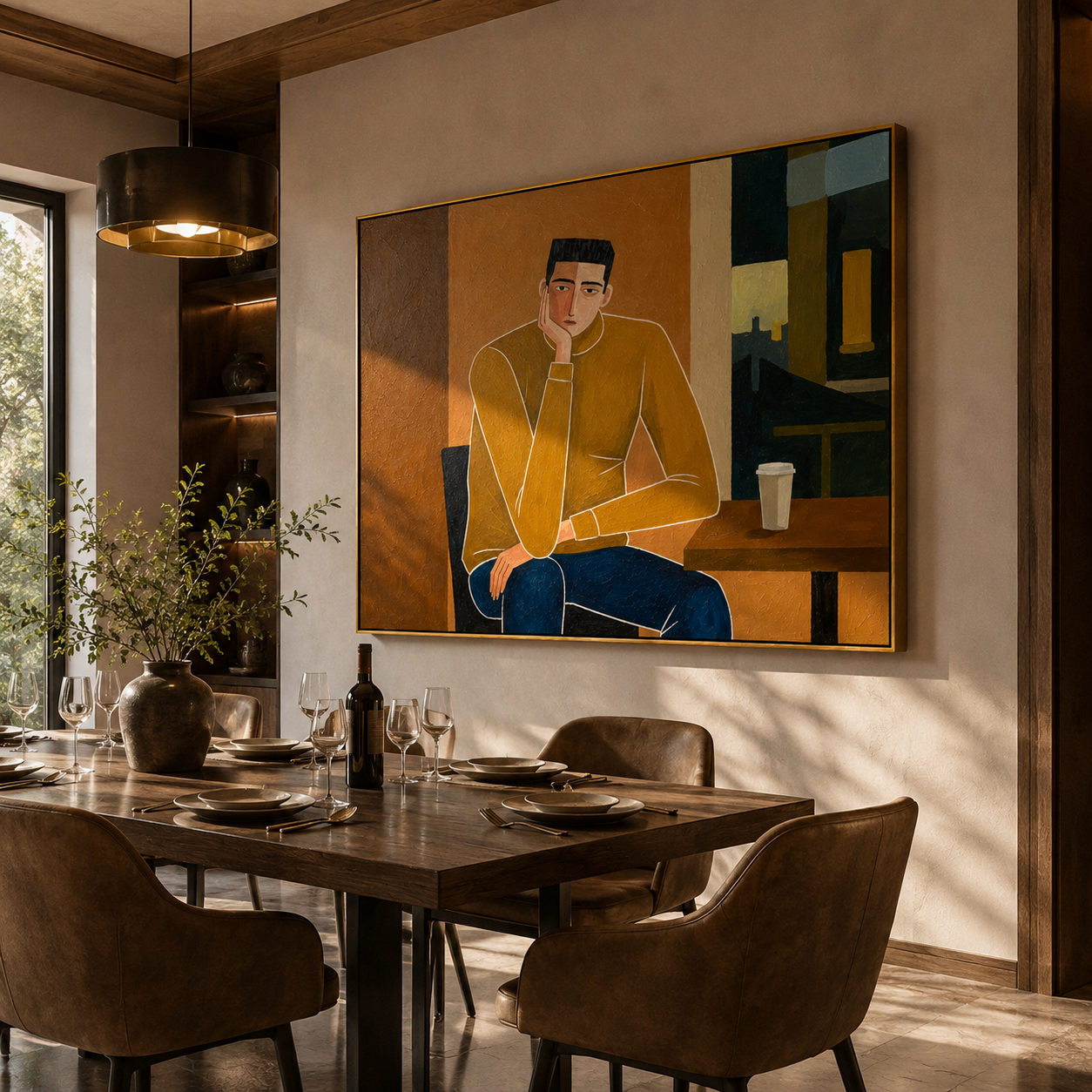 "Café Quiet Contemplation" – Modern Heavy Impasto Figurative Art | 3D Mustard & Umber Palette Knife Painting | Luxury Horizontal Wall Art #PE 025