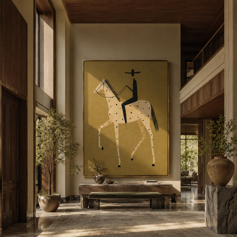 "The Spotted Steed Rider" – Modern Heavy Impasto Western Art | 3D Ochre & Indigo Palette Knife Painting | Luxury Vertical Wall Art #AB 015