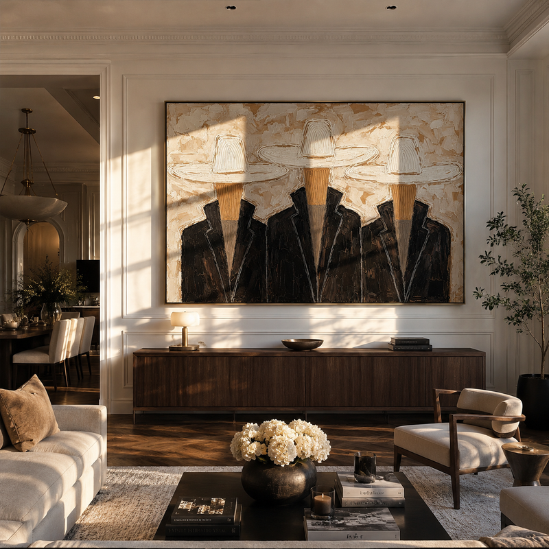 "Three Hat Gentlemen" – Modern Heavy Impasto Western Figurative | 3D Ivory & Espresso Palette Knife Painting | Luxury Horizontal Wall Art #PE 026