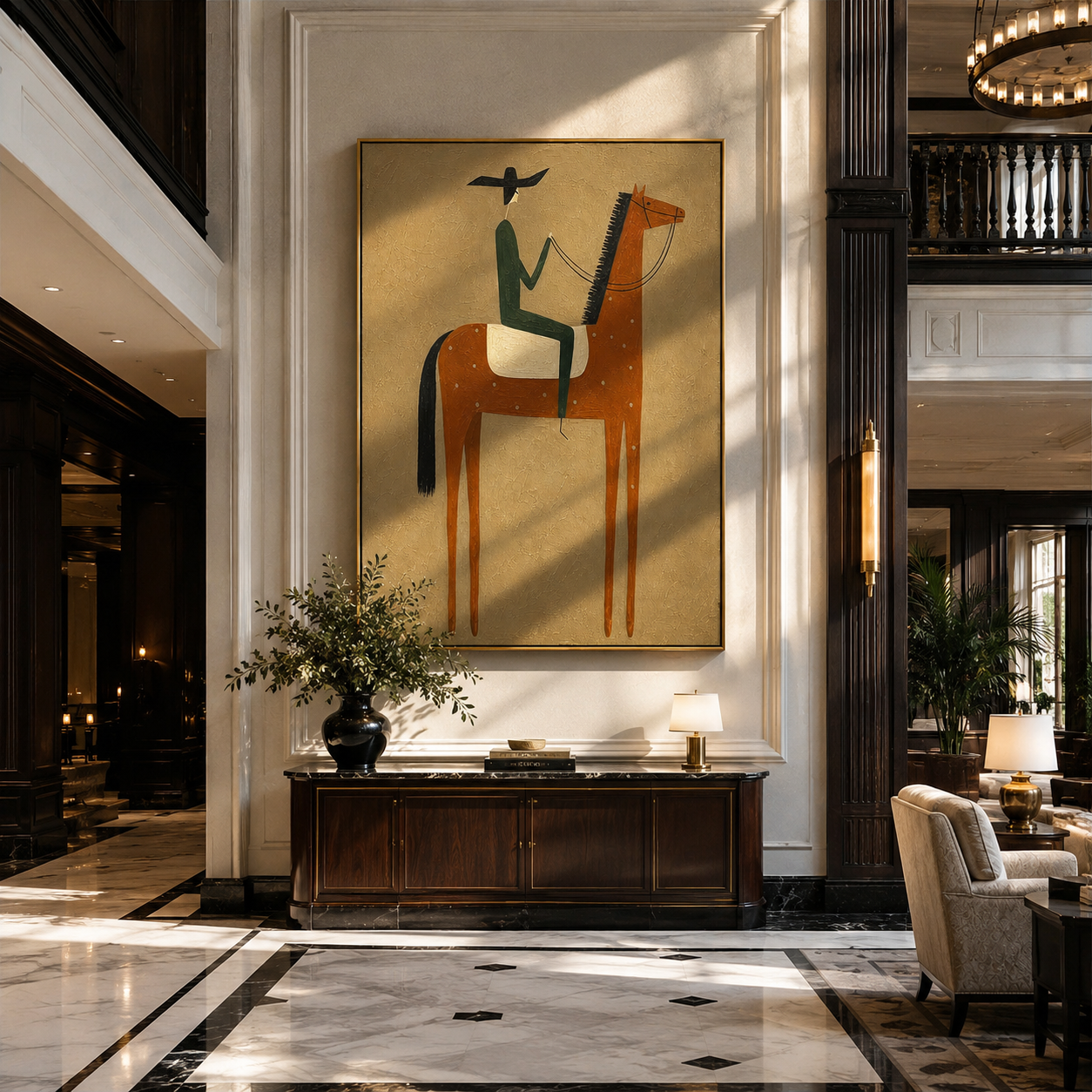 "The Rust Steed Rider" – Modern Heavy Impasto Western Art | 3D Umber & Forest Green Palette Knife Painting | Luxury Vertical Wall Art #AB 016