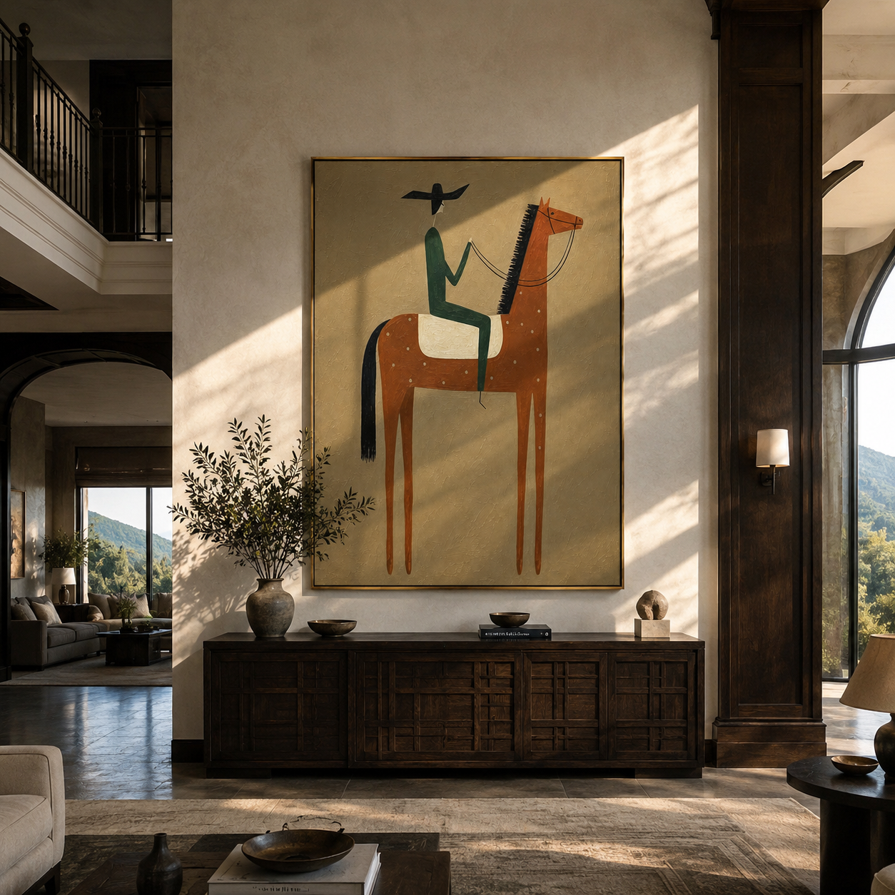 "The Rust Steed Rider" – Modern Heavy Impasto Western Art | 3D Umber & Forest Green Palette Knife Painting | Luxury Vertical Wall Art #AB 016