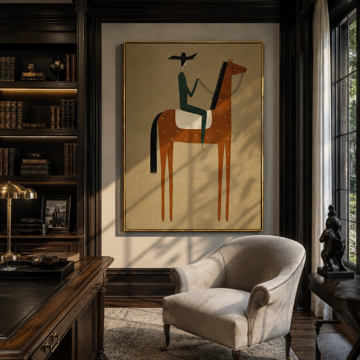 "The Rust Steed Rider" – Modern Heavy Impasto Western Art | 3D Umber & Forest Green Palette Knife Painting | Luxury Vertical Wall Art #AB 016