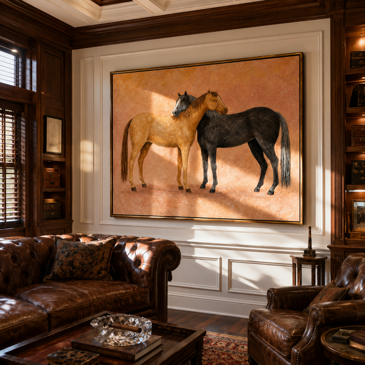 "Affectionate Horse Duo" – Modern Heavy Impasto Animal Art | 3D Sand & Charcoal Palette Knife Painting | Luxury Horizontal Wall Art #PE 005
