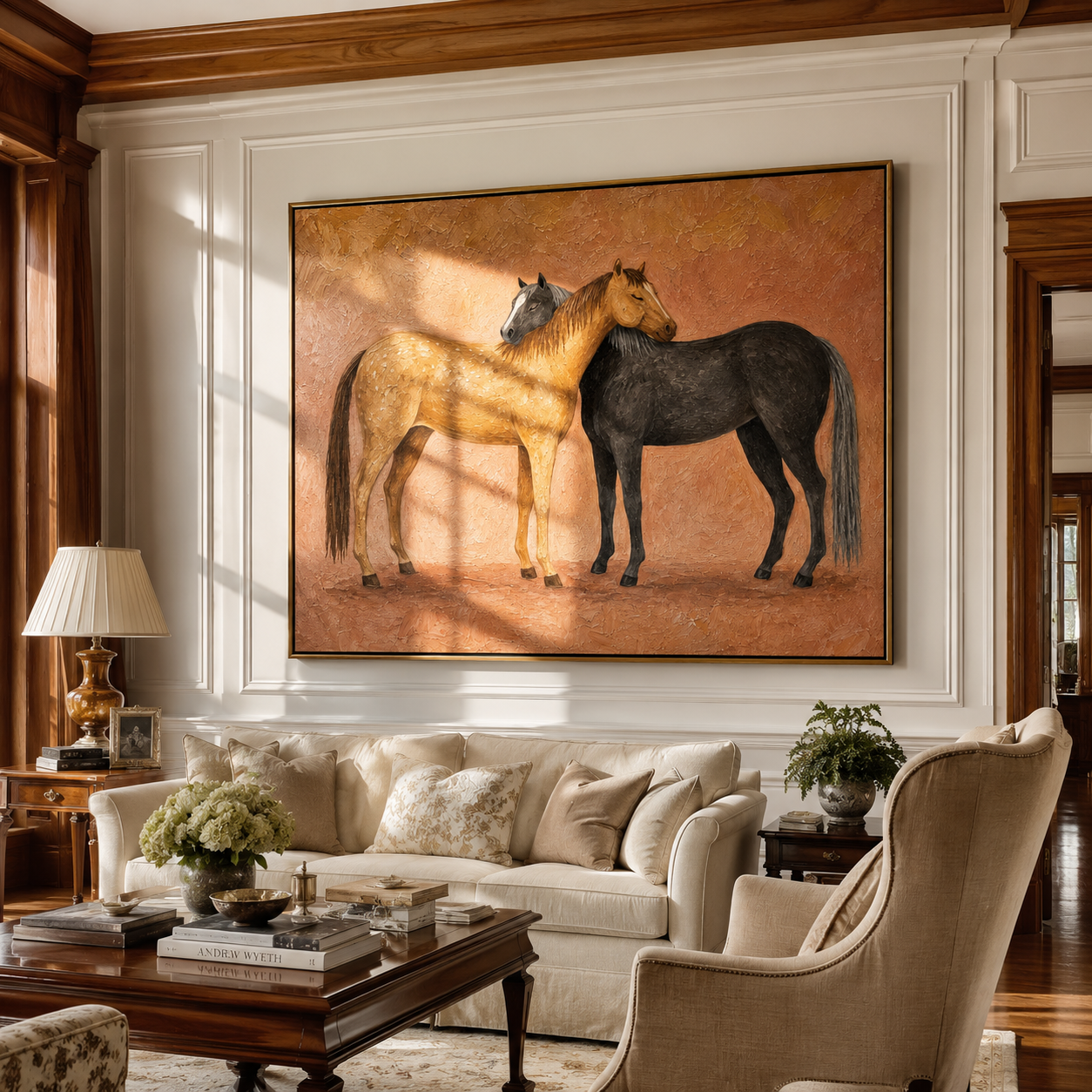 "Affectionate Horse Duo" – Modern Heavy Impasto Animal Art | 3D Sand & Charcoal Palette Knife Painting | Luxury Horizontal Wall Art #PE 005