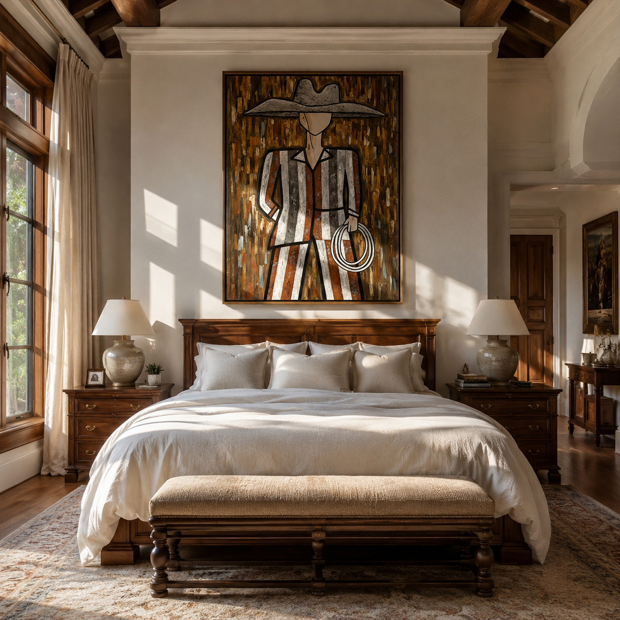 "The Striped Cowboy" – Modern Heavy Impasto Western Art | 3D Rust & Charcoal Palette Knife Painting | Luxury Vertical Wall Art #PE 019