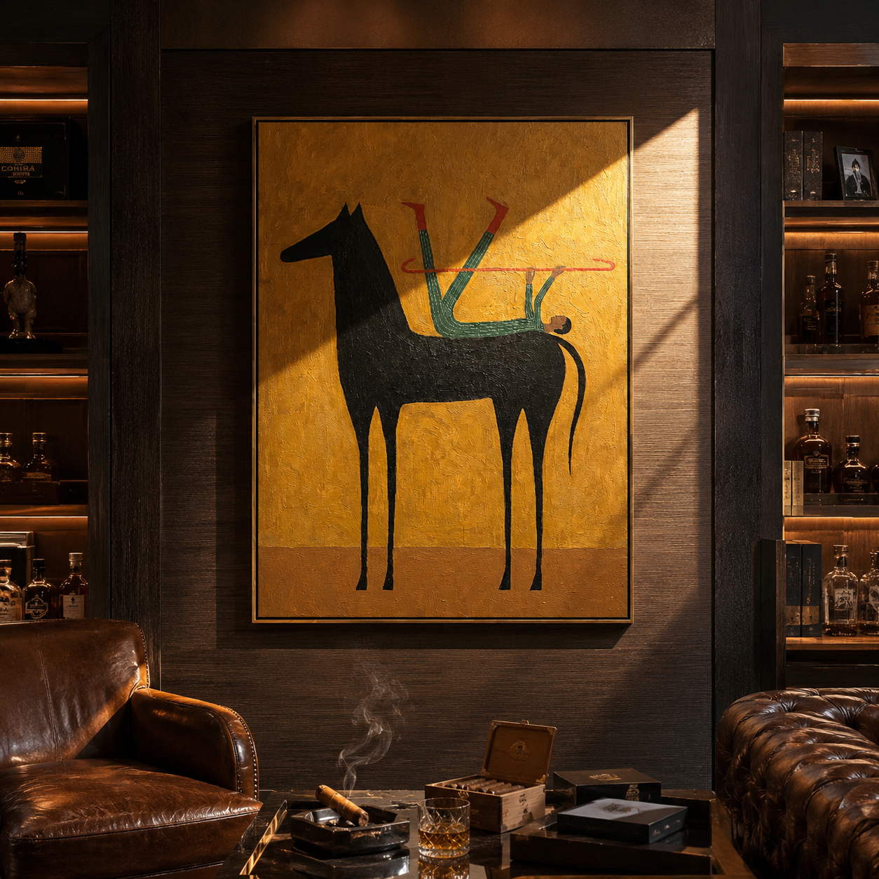 "Acrobat and the Black Horse" – Modern Heavy Impasto Surreal Art | 3D Ochre & Emerald Palette Knife Painting | Luxury Vertical Wall Art #AB 006