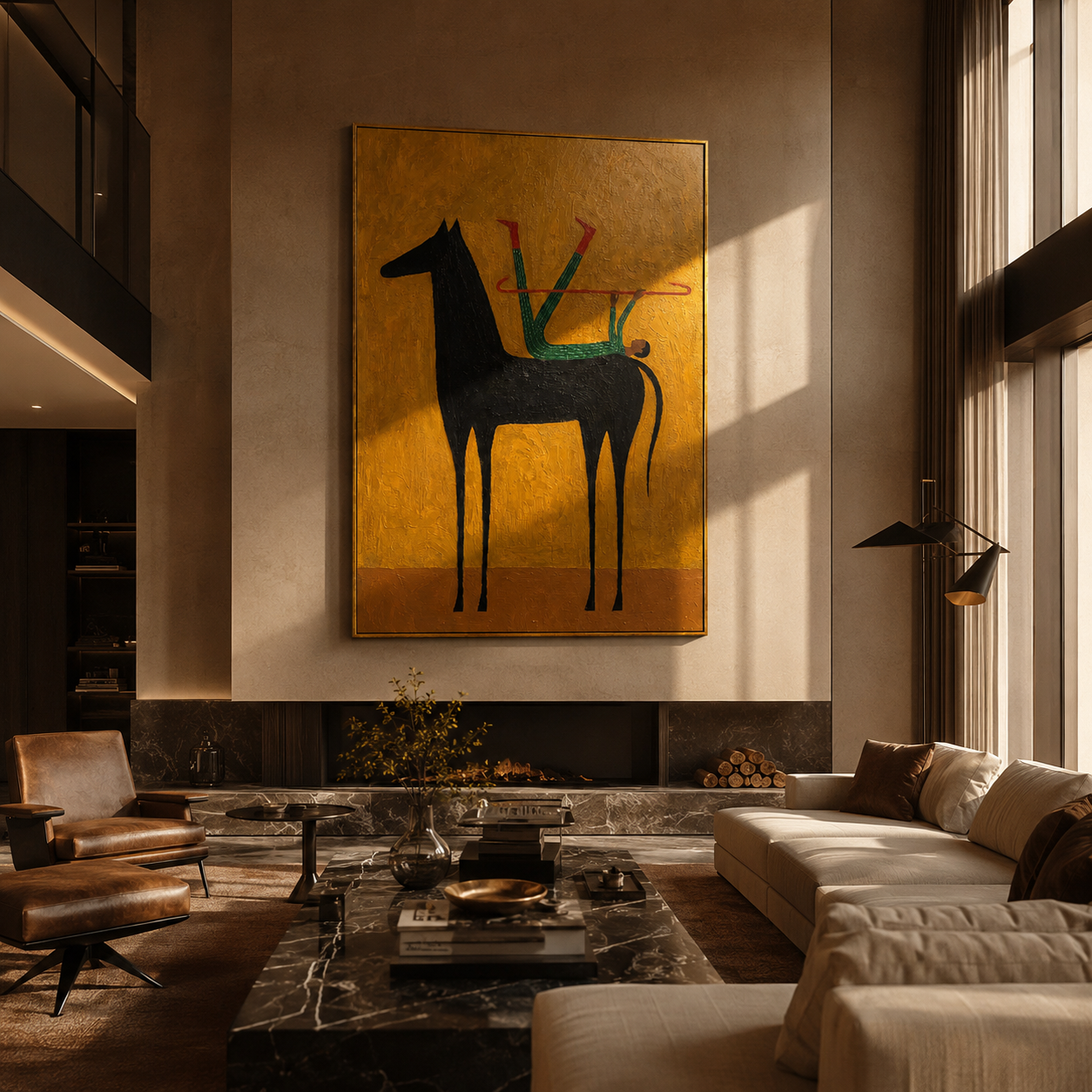 "Acrobat and the Black Horse" – Modern Heavy Impasto Surreal Art | 3D Ochre & Emerald Palette Knife Painting | Luxury Vertical Wall Art #AB 006